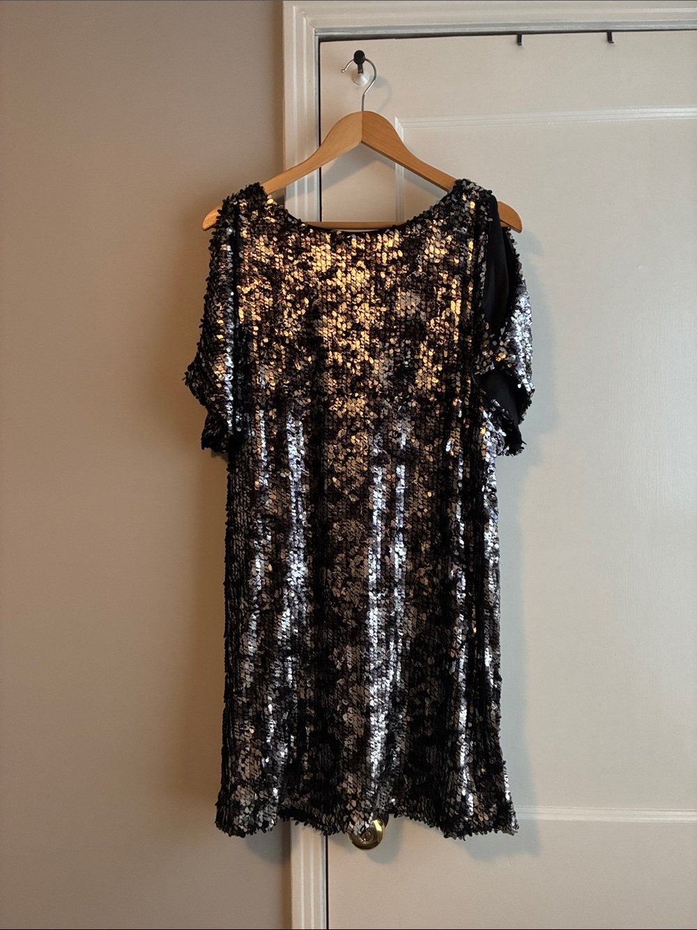 R & M Richards Black and Silver Sequin Cold-Shoulder Mini Dress